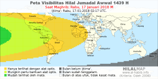 HilalMap: Peta Visibilitas Hilal Jumadal-Awwal 1439 H: rukyat tanggal 2018-1-17 M