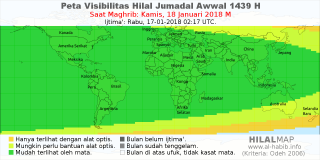 HilalMap: Peta Visibilitas Hilal Jumadal-Awwal 1439 H: rukyat tanggal 2018-1-18 M