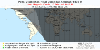 HilalMap: Peta Visibilitas Hilal Jumadal-Akhirah 1439 H: rukyat tanggal 2018-2-15 M