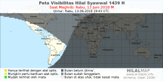 HilalMap: Peta Visibilitas Hilal Syawwal 1439 H: rukyat tanggal 2018-6-13 M