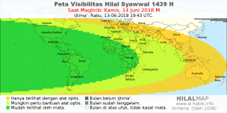 HilalMap: Peta Visibilitas Hilal Syawwal 1439 H: rukyat tanggal 2018-6-14 M