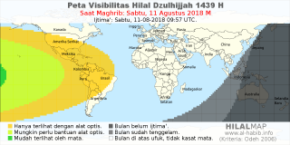 HilalMap: Peta Visibilitas Hilal Dzulhijjah 1439 H: rukyat tanggal 2018-8-11 M