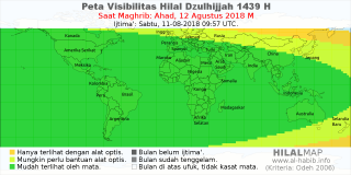 HilalMap: Peta Visibilitas Hilal Dzulhijjah 1439 H: rukyat tanggal 2018-8-12 M