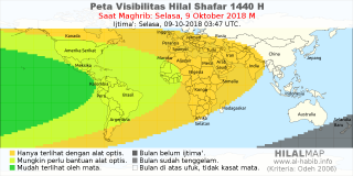 HilalMap: Peta Visibilitas Hilal Shafar 1440 H: rukyat tanggal 2018-10-9 M