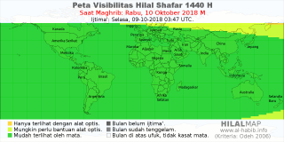 HilalMap: Peta Visibilitas Hilal Shafar 1440 H: rukyat tanggal 2018-10-10 M
