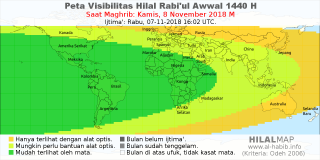 HilalMap: Peta Visibilitas Hilal Rabiul-Awwal 1440 H: rukyat tanggal 2018-11-8 M