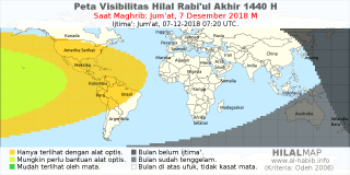 HilalMap: Peta Visibilitas Hilal Rabiul-Akhir 1440 H: rukyat tanggal 2018-12-7 M