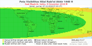 HilalMap: Peta Visibilitas Hilal Rabiul-Akhir 1440 H: rukyat tanggal 2018-12-8 M