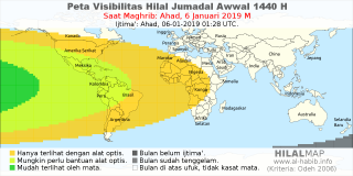 HilalMap: Peta Visibilitas Hilal Jumadal-Awwal 1440 H: rukyat tanggal 2019-1-6 M