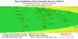 HilalMap: Peta Visibilitas Hilal Jumadal-Awwal 1440 H: rukyat tanggal 2019-1-7 M