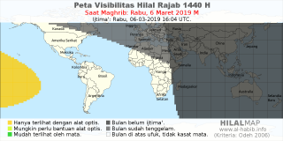 HilalMap: Peta Visibilitas Hilal Rajab 1440 H: rukyat tanggal 2019-3-6 M