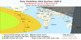 HilalMap: Peta Visibilitas Hilal Syaban 1440 H: rukyat tanggal 2019-4-5 M