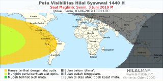 HilalMap: Peta Visibilitas Hilal Syawwal 1440 H: rukyat tanggal 2019-6-3 M