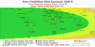 HilalMap: Peta Visibilitas Hilal Syawwal 1440 H: rukyat tanggal 2019-6-4 M