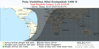 HilalMap: Peta Visibilitas Hilal Dzulqaidah 1440 H: rukyat tanggal 2019-7-2 M