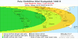 HilalMap: Peta Visibilitas Hilal Dzulqaidah 1440 H: rukyat tanggal 2019-7-3 M