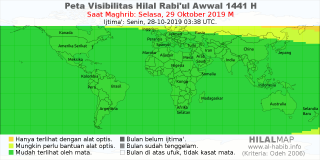HilalMap: Peta Visibilitas Hilal Rabiul-Awwal 1441 H: rukyat tanggal 2019-10-29 M