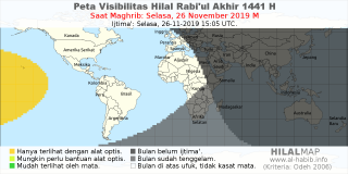 HilalMap: Peta Visibilitas Hilal Rabiul-Akhir 1441 H: rukyat tanggal 2019-11-26 M