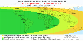 HilalMap: Peta Visibilitas Hilal Rabiul-Akhir 1441 H: rukyat tanggal 2019-11-27 M