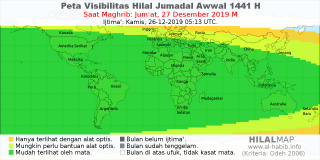 HilalMap: Peta Visibilitas Hilal Jumadal-Awwal 1441 H: rukyat tanggal 2019-12-27 M
