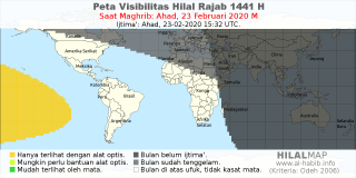 HilalMap: Peta Visibilitas Hilal Rajab 1441 H: rukyat tanggal 2020-2-23 M