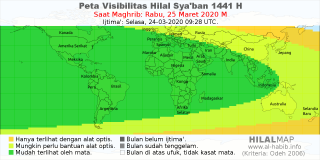HilalMap: Peta Visibilitas Hilal Syaban 1441 H: rukyat tanggal 2020-3-25 M
