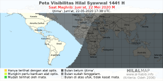 HilalMap: Peta Visibilitas Hilal Syawwal 1441 H: rukyat tanggal 2020-5-22 M