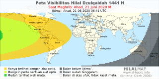 HilalMap: Peta Visibilitas Hilal Dzulqaidah 1441 H: rukyat tanggal 2020-6-21 M