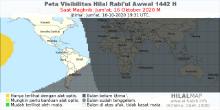 HilalMap: Peta Visibilitas Hilal Rabiul-Awwal 1442 H: rukyat tanggal 2020-10-16 M