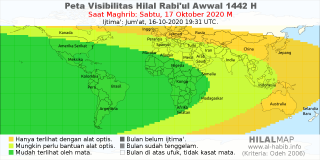 HilalMap: Peta Visibilitas Hilal Rabiul-Awwal 1442 H: rukyat tanggal 2020-10-17 M
