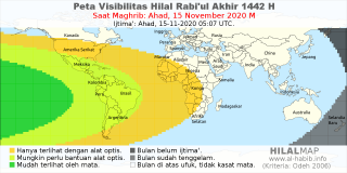 HilalMap: Peta Visibilitas Hilal Rabiul-Akhir 1442 H: rukyat tanggal 2020-11-15 M