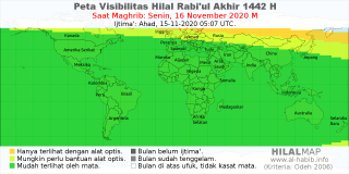 HilalMap: Peta Visibilitas Hilal Rabiul-Akhir 1442 H: rukyat tanggal 2020-11-16 M