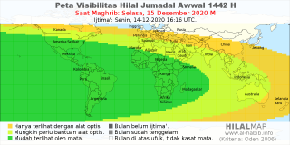 HilalMap: Peta Visibilitas Hilal Jumadal-Awwal 1442 H: rukyat tanggal 2020-12-15 M