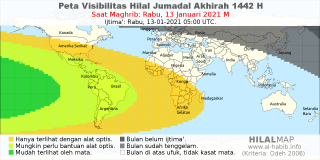 HilalMap: Peta Visibilitas Hilal Jumadal-Akhirah 1442 H: rukyat tanggal 2021-1-13 M
