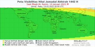 HilalMap: Peta Visibilitas Hilal Jumadal-Akhirah 1442 H: rukyat tanggal 2021-1-14 M