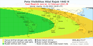 HilalMap: Peta Visibilitas Hilal Rajab 1442 H: rukyat tanggal 2021-2-12 M