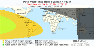 HilalMap: Peta Visibilitas Hilal Syaban 1442 H: rukyat tanggal 2021-3-13 M