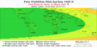 HilalMap: Peta Visibilitas Hilal Syaban 1442 H: rukyat tanggal 2021-3-14 M