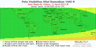 HilalMap: Peta Visibilitas Hilal Ramadhan 1442 H: rukyat tanggal 2021-4-13 M