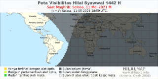 HilalMap: Peta Visibilitas Hilal Syawwal 1442 H: rukyat tanggal 2021-5-11 M