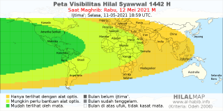 HilalMap: Peta Visibilitas Hilal Syawwal 1442 H: rukyat tanggal 2021-5-12 M