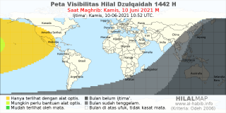 HilalMap: Peta Visibilitas Hilal Dzulqaidah 1442 H: rukyat tanggal 2021-6-10 M
