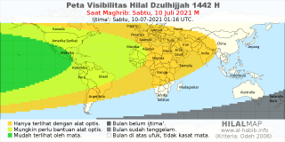HilalMap: Peta Visibilitas Hilal Dzulhijjah 1442 H: rukyat tanggal 2021-7-10 M