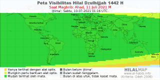 HilalMap: Peta Visibilitas Hilal Dzulhijjah 1442 H: rukyat tanggal 2021-7-11 M