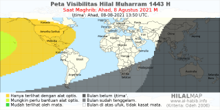 HilalMap: Peta Visibilitas Hilal Muharram 1443 H: rukyat tanggal 2021-8-8 M
