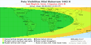 HilalMap: Peta Visibilitas Hilal Muharram 1443 H: rukyat tanggal 2021-8-9 M