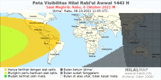 HilalMap: Peta Visibilitas Hilal Rabiul-Awwal 1443 H: rukyat tanggal 2021-10-6 M