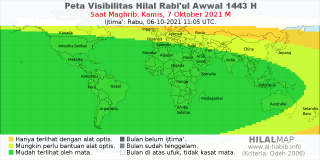 HilalMap: Peta Visibilitas Hilal Rabiul-Awwal 1443 H: rukyat tanggal 2021-10-7 M
