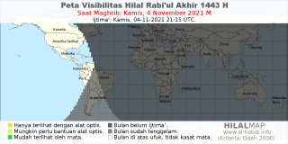 HilalMap: Peta Visibilitas Hilal Rabiul-Akhir 1443 H: rukyat tanggal 2021-11-4 M