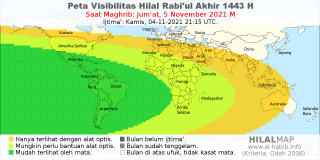 HilalMap: Peta Visibilitas Hilal Rabiul-Akhir 1443 H: rukyat tanggal 2021-11-5 M
